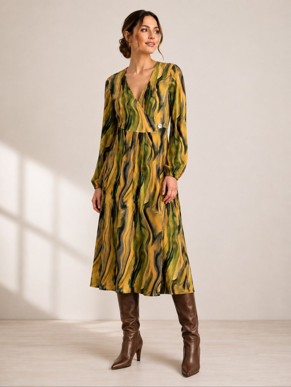 & Other Stories Wrap Midi Dress Size 4 Tie Back Marble Art Print Earth Tones NEW
